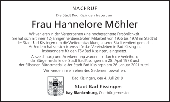 Anzeige von Hannelore Möhler von MGO