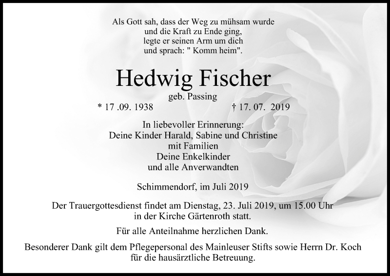  Traueranzeige für Hedwig Fischer vom 20.07.2019 aus MGO