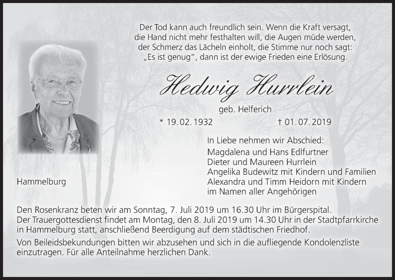  Traueranzeige für Hedwig Hurrlein vom 05.07.2019 aus MGO