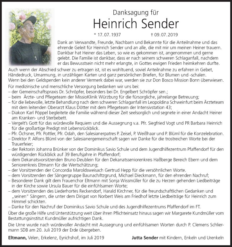  Traueranzeige für Heinrich Sender vom 27.07.2019 aus MGO