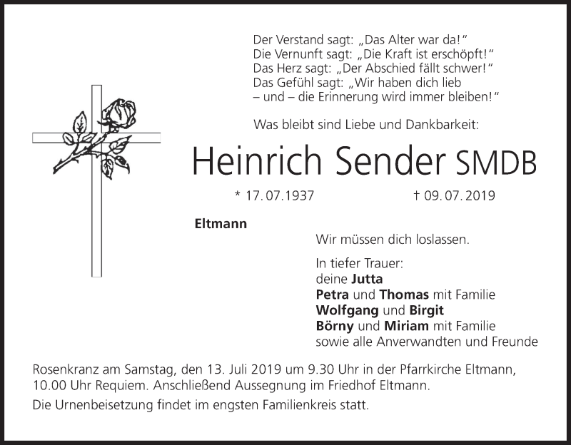  Traueranzeige für Heinrich Sender vom 12.07.2019 aus MGO