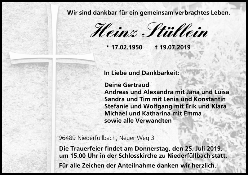  Traueranzeige für Heinz Stüllein vom 23.07.2019 aus MGO