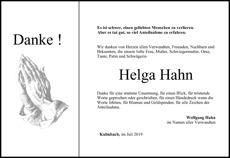  Traueranzeige für Helga Hahn vom 15.07.2019 aus MGO