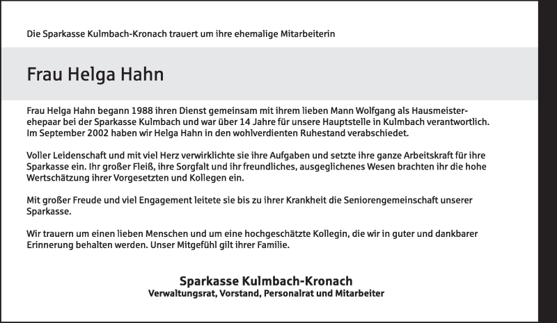  Traueranzeige für Helga Hahn vom 11.07.2019 aus MGO