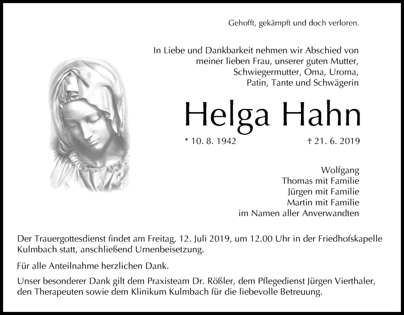 Traueranzeige für Helga Hahn vom 10.07.2019 aus MGO