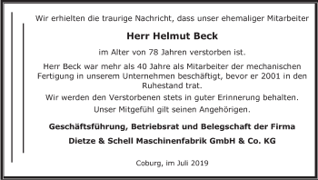 Anzeige von Helmut Beck von MGO