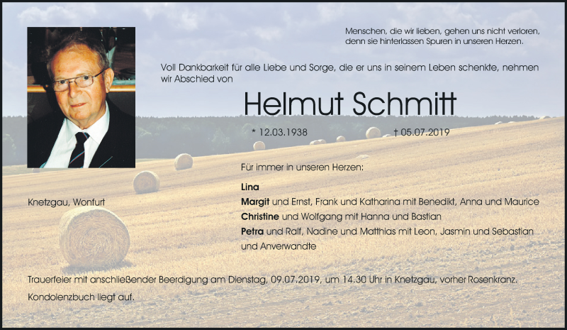  Traueranzeige für Helmut Schmitt vom 08.07.2019 aus MGO