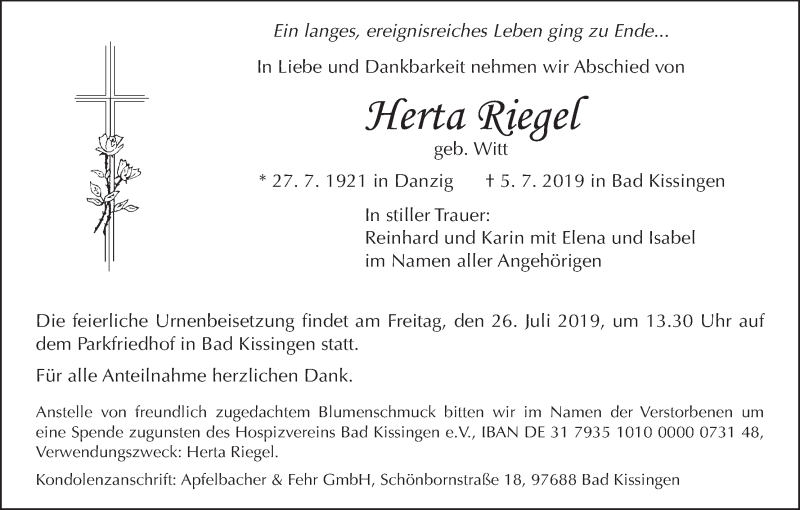  Traueranzeige für Herta Riegel vom 20.07.2019 aus MGO