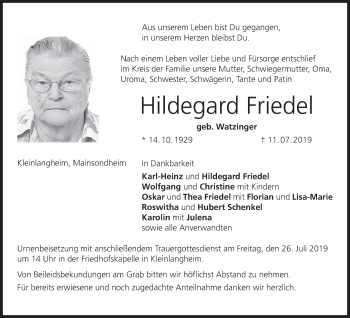 Anzeige von Hildegard Friedel von MGO