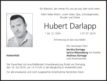 Anzeige von Hubert Darlapp von MGO