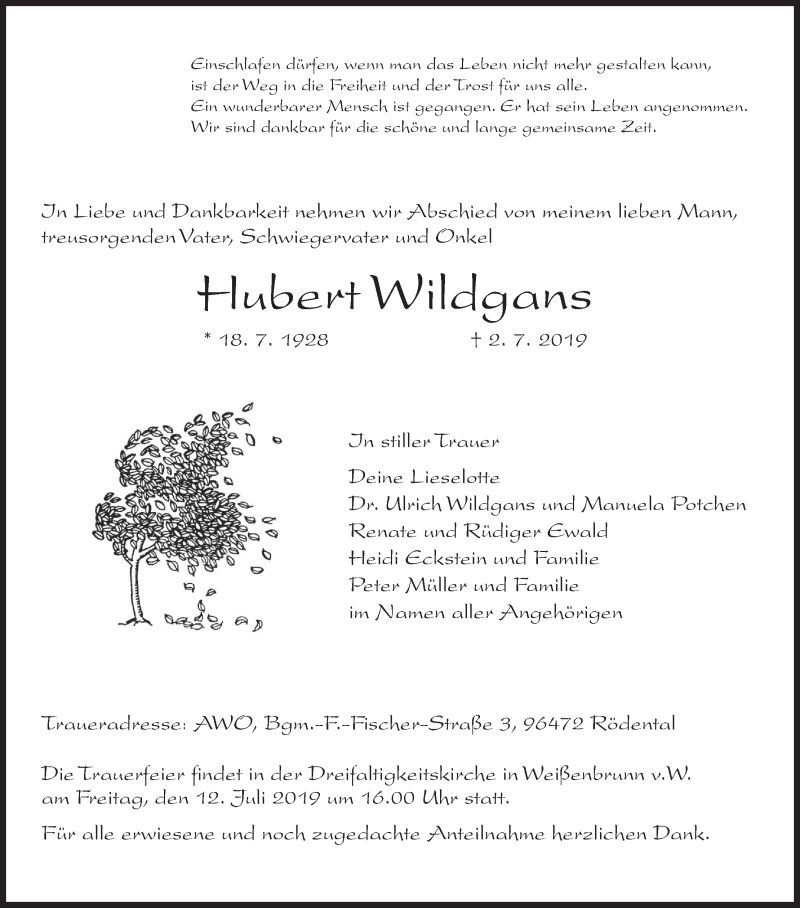  Traueranzeige für Hubert Wildgans vom 10.07.2019 aus MGO
