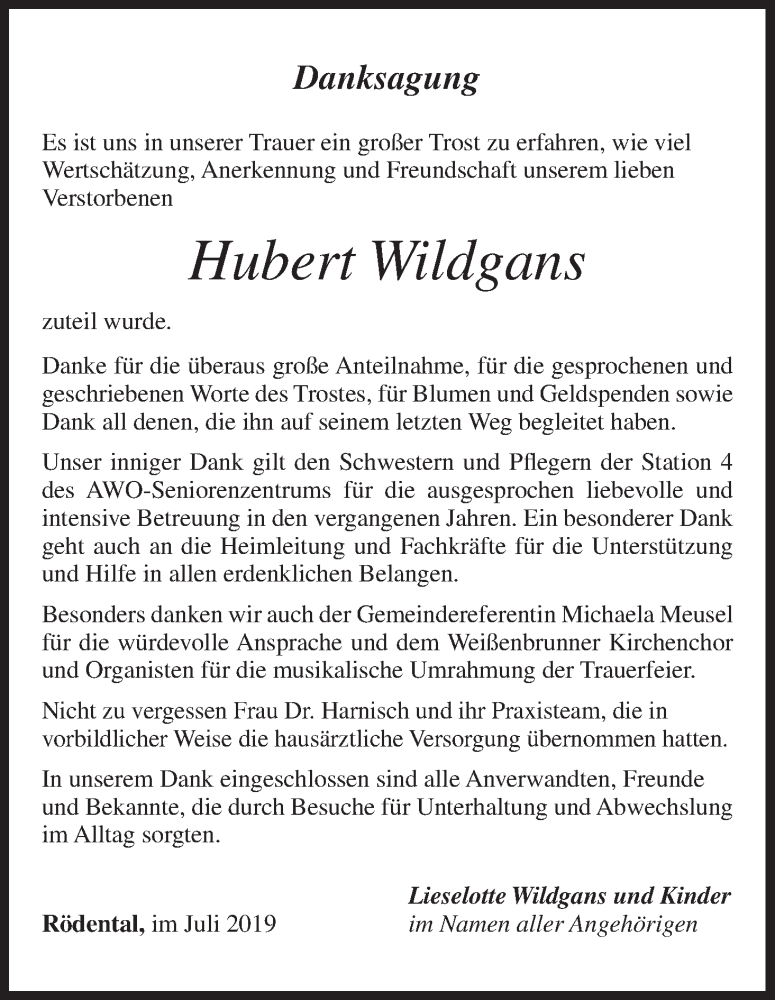  Traueranzeige für Hubert Wildgans vom 27.07.2019 aus MGO