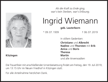 Anzeige von Ingrid Wiemann von MGO