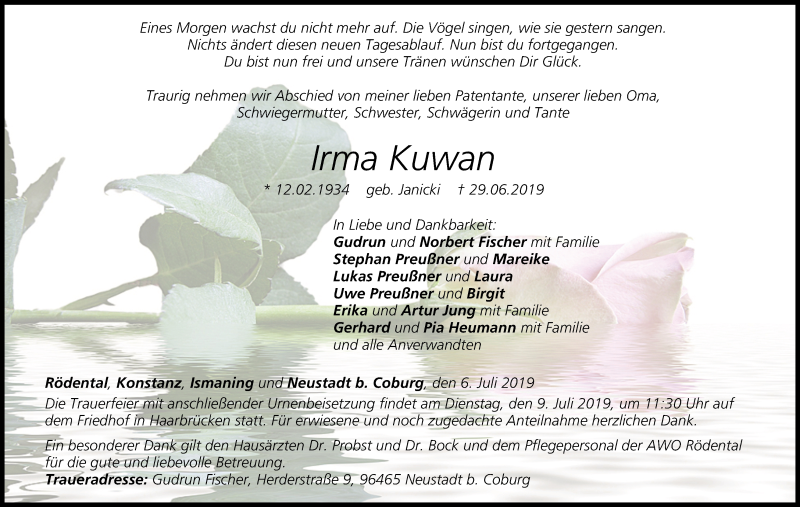  Traueranzeige für Irma Kuwan vom 06.07.2019 aus MGO