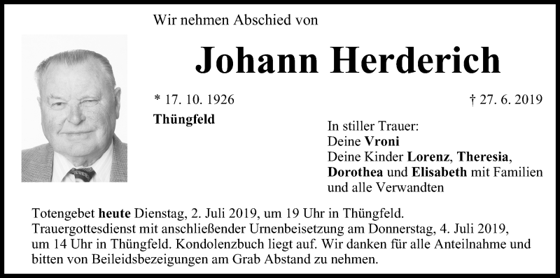  Traueranzeige für Johann Herderich vom 02.07.2019 aus MGO