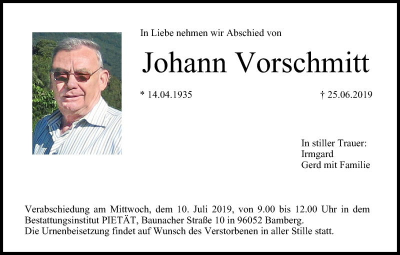  Traueranzeige für Johann Vorschmitt vom 06.07.2019 aus MGO