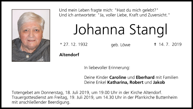  Traueranzeige für Johanna Stangl vom 16.07.2019 aus MGO