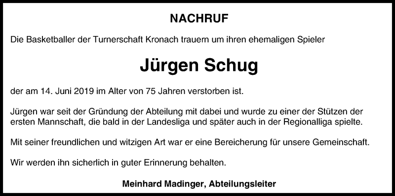  Traueranzeige für Jürgen Schug vom 04.07.2019 aus MGO