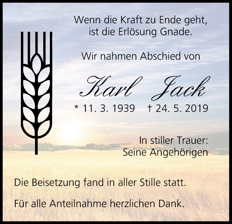  Traueranzeige für Karl Jack vom 06.07.2019 aus MGO