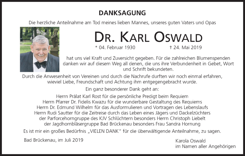  Traueranzeige für Karl Oswald vom 06.07.2019 aus MGO