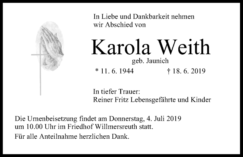  Traueranzeige für Karola Weith vom 03.07.2019 aus MGO