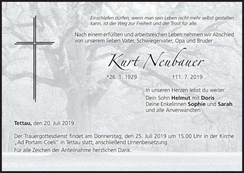  Traueranzeige für Kurt Neubauer vom 20.07.2019 aus MGO