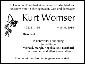 Anzeige von Kurt Womser von MGO