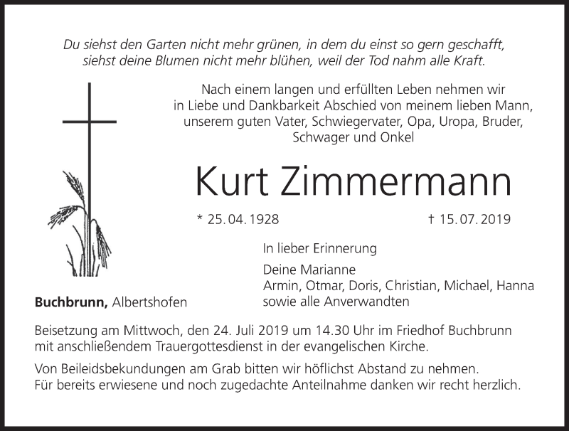  Traueranzeige für Kurt Zimmermann vom 20.07.2019 aus MGO