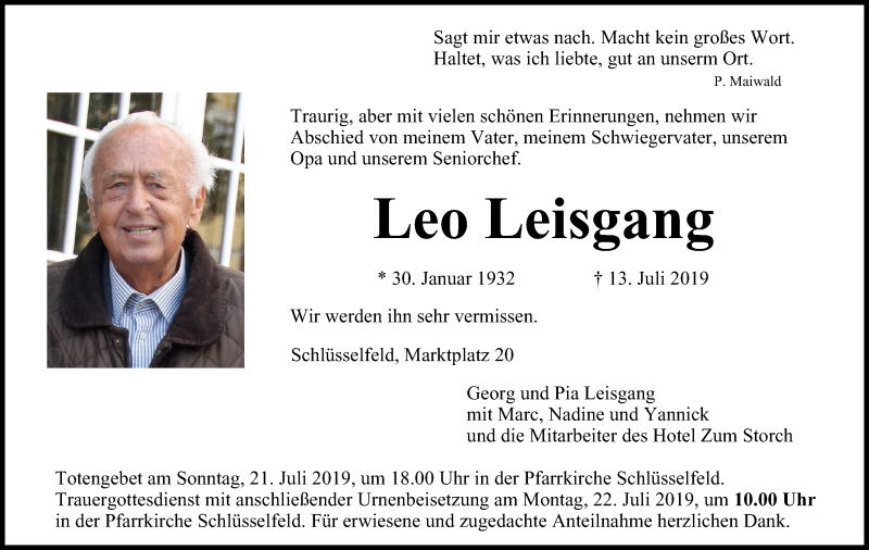  Traueranzeige für Leo Leisgang vom 19.07.2019 aus MGO