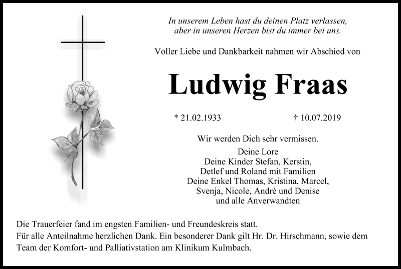  Traueranzeige für Ludwig Fraas vom 20.07.2019 aus MGO