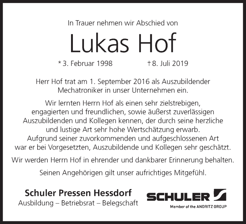  Traueranzeige für Lukas Hof vom 15.07.2019 aus MGO