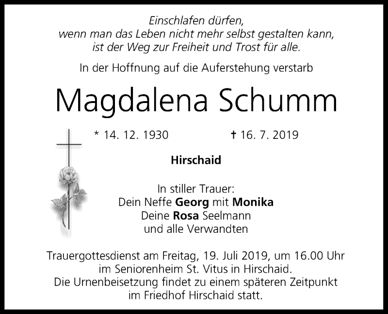  Traueranzeige für Magdalena Schumm vom 17.07.2019 aus MGO