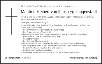Anzeige von Manfred Freiherr von Künsberg-Langenstadt von MGO