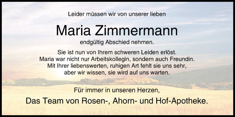  Traueranzeige für Maria Zimmermann vom 20.07.2019 aus MGO