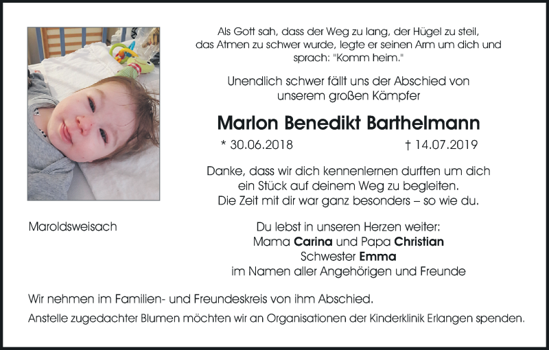  Traueranzeige für Marlon Benedikt Barthelmann vom 17.07.2019 aus MGO