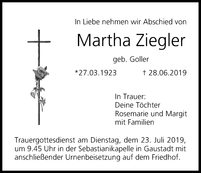  Traueranzeige für Martha Ziegler vom 20.07.2019 aus MGO