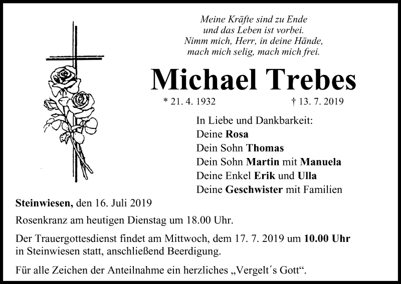  Traueranzeige für Michael Trebes vom 16.07.2019 aus MGO