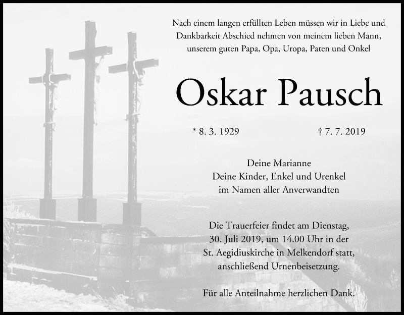  Traueranzeige für Oskar Pausch vom 27.07.2019 aus MGO