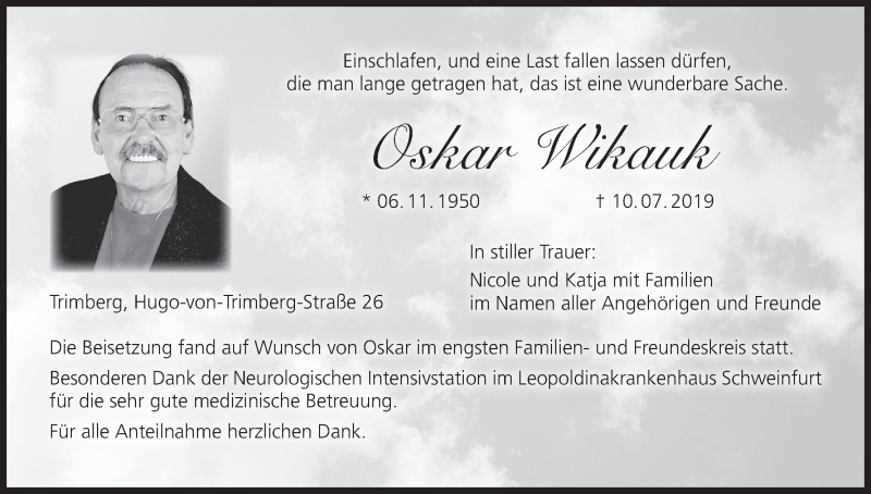  Traueranzeige für Oskar Wikauk vom 23.07.2019 aus MGO