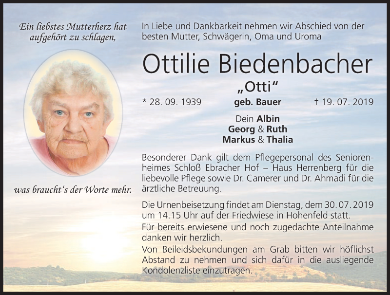  Traueranzeige für Ottilie Biedenbacher vom 27.07.2019 aus MGO