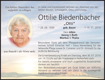 Anzeige von Ottilie Biedenbacher von MGO