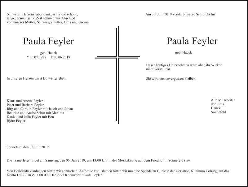  Traueranzeige für Paula Feyler vom 02.07.2019 aus MGO