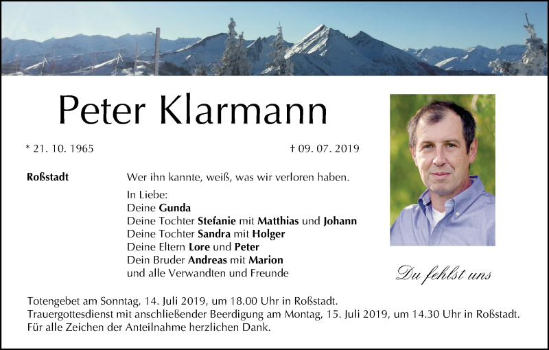  Traueranzeige für Peter Klarmann vom 12.07.2019 aus MGO