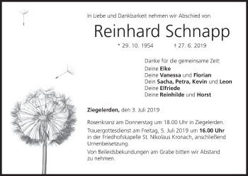 Anzeige von Reinhard Schnapp von MGO