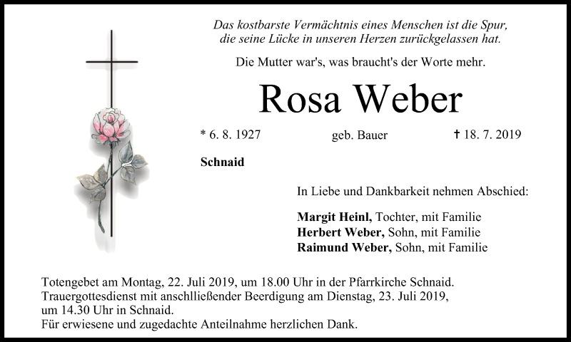  Traueranzeige für Rosa Weber vom 20.07.2019 aus MGO