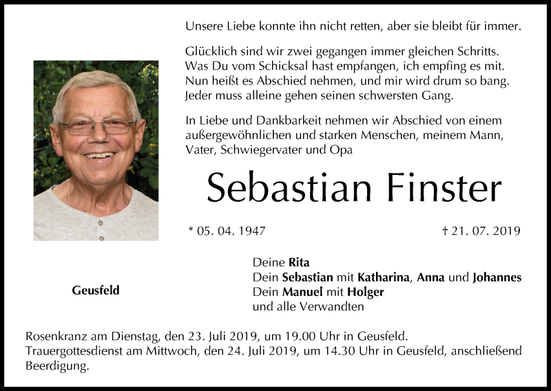  Traueranzeige für Sebastian Finster vom 23.07.2019 aus MGO