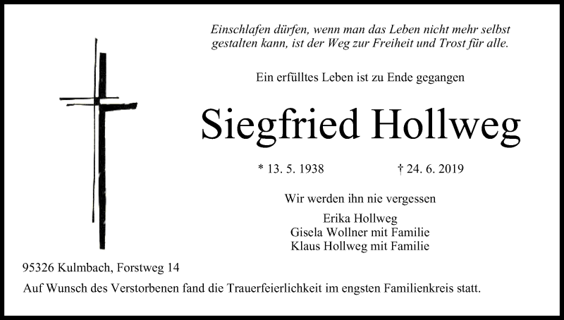  Traueranzeige für Siegfried Hollweg vom 06.07.2019 aus MGO