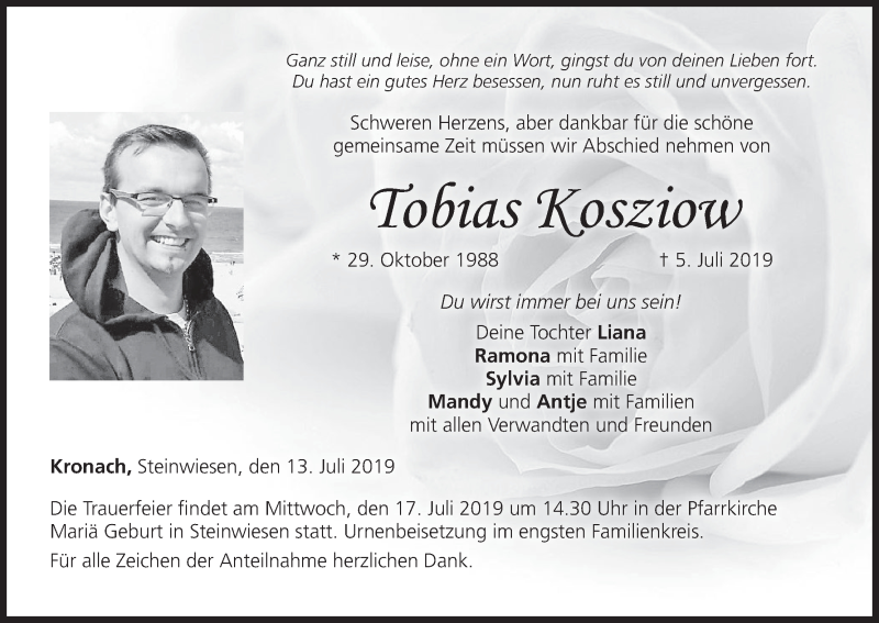 Traueranzeige für Tobias Kosziow vom 13.07.2019 aus MGO