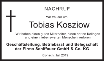 Anzeige von Tobias Kosziow von MGO