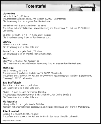 Anzeige von Totentafel vom 09.07.2019 von MGO